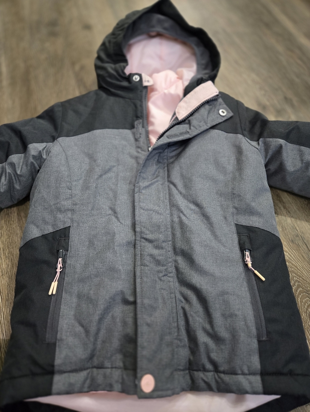 Girls' Insulated Hooded Winter Jacket - Gray with Pink